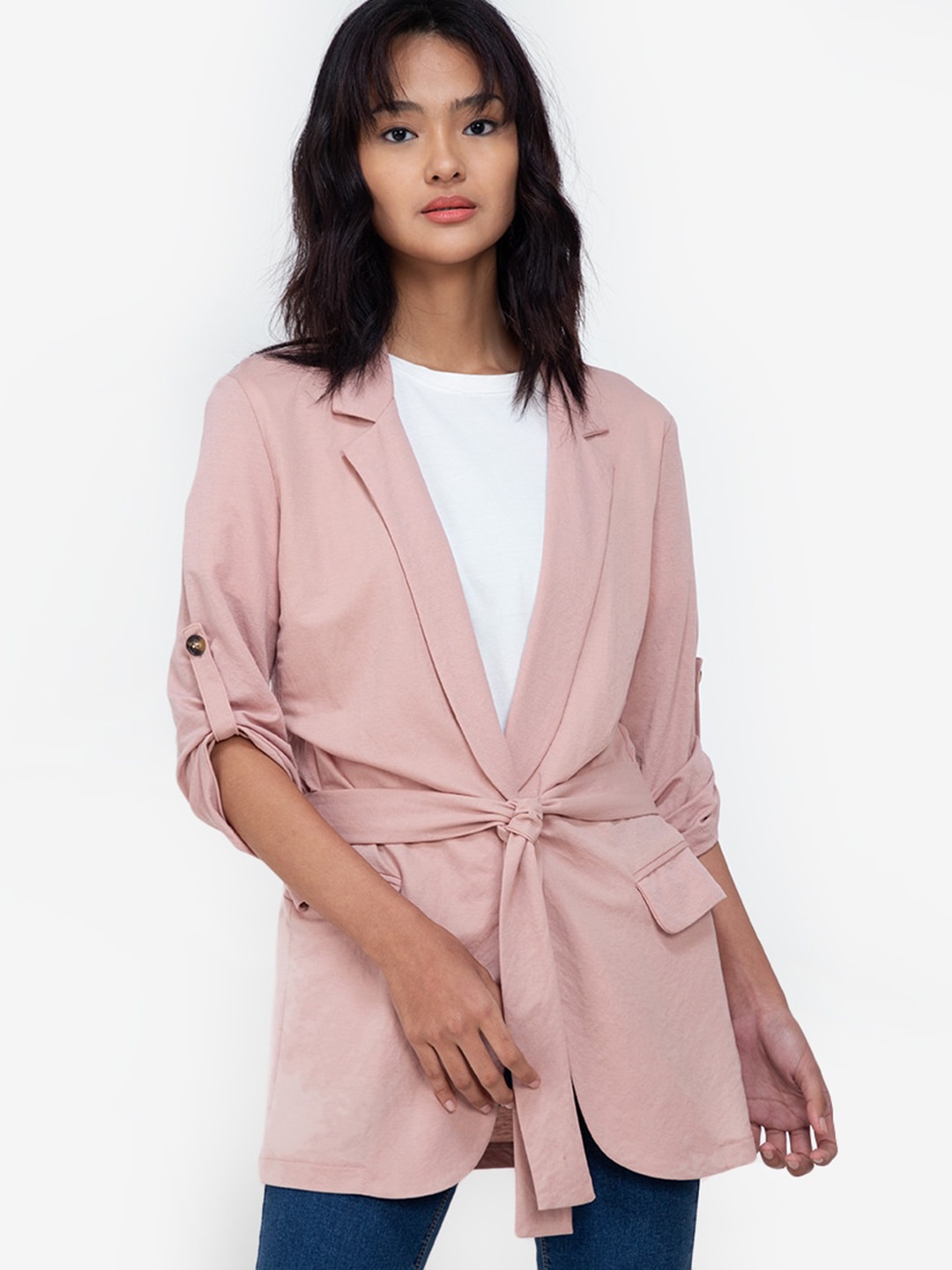 

ZALORA BASICS Roll-Up Sleeves Tie-Up Shrug, Pink