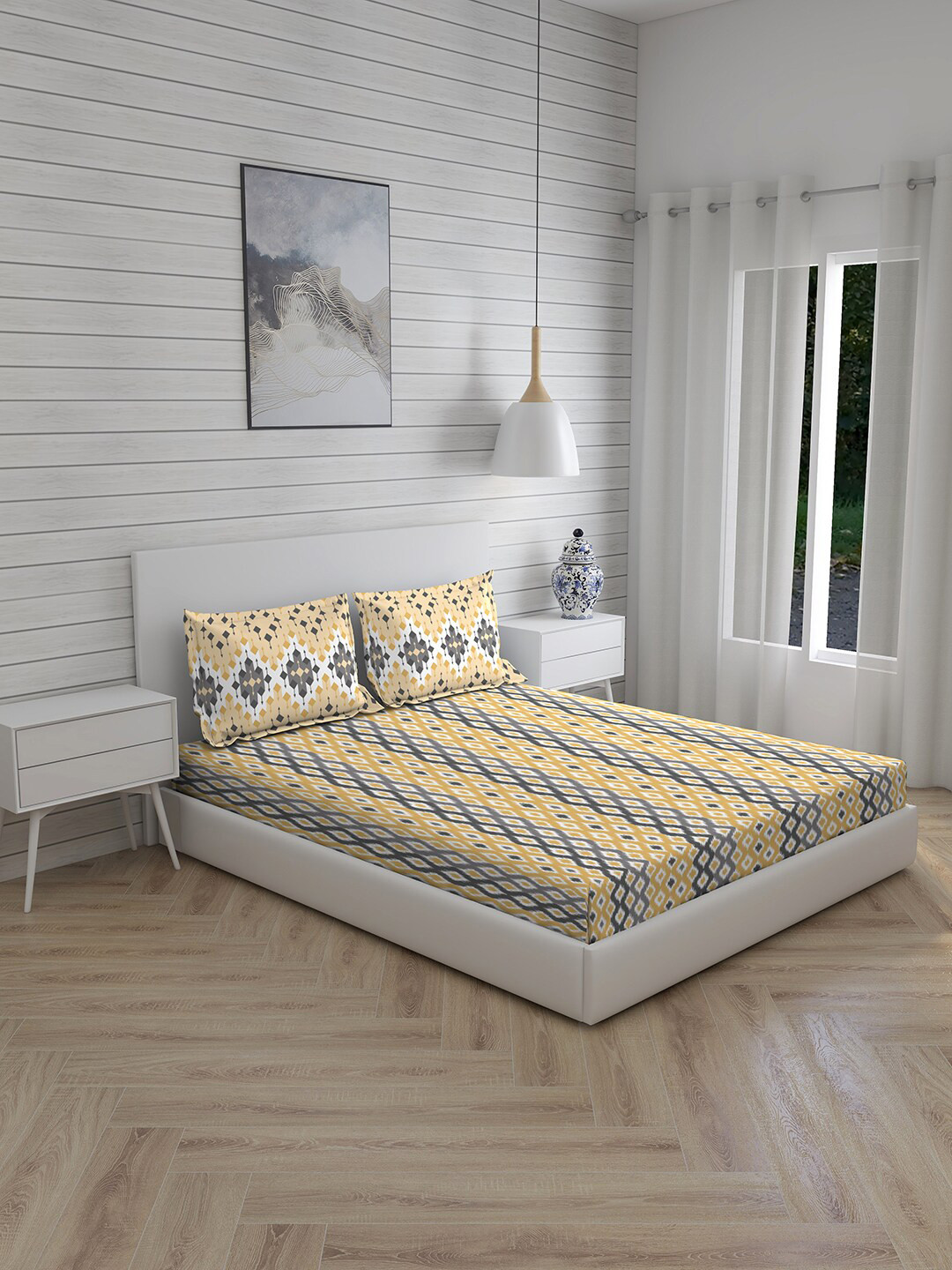 

Layers Grey & Yellow Geometric 104 TC Queen Bedsheet with 2 Pillow Covers