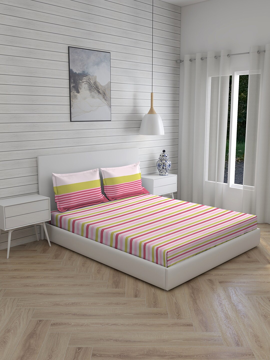 

Layers Pink & Yellow Striped 104 TC Queen Bedsheet with 2 Pillow Covers