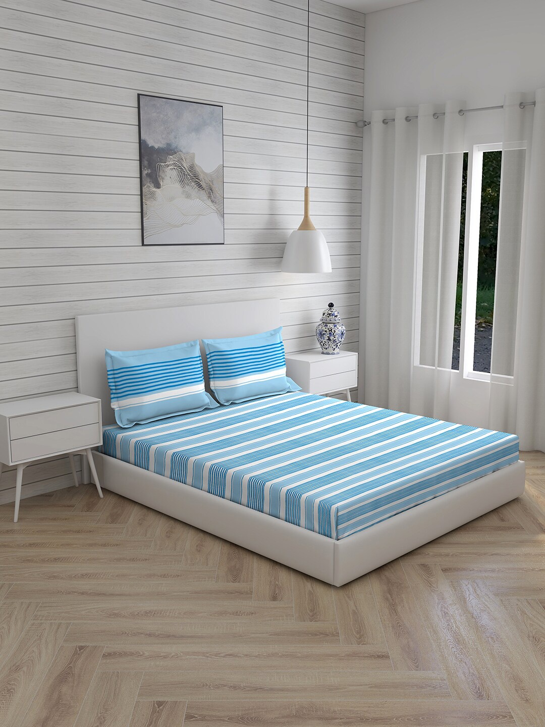

Layers Blue & White Striped 104 TC Queen Bedsheet with 2 Pillow Covers