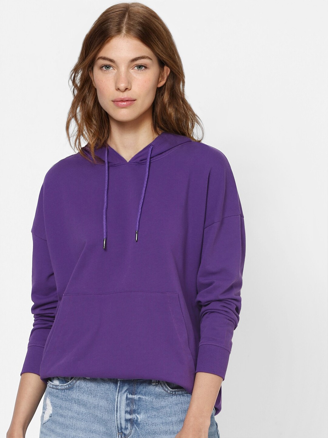 

ONLY Women Purple Hooded Cotton Sweatshirt