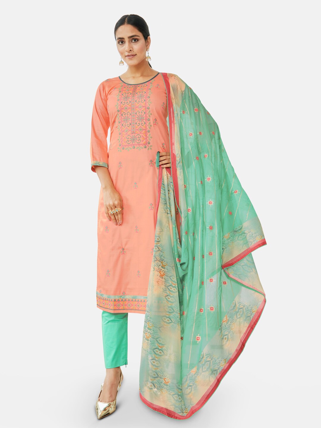 

Kvsfab Women Rust & Green Ethnic Motifs Embroidered Unstitched Dress Material