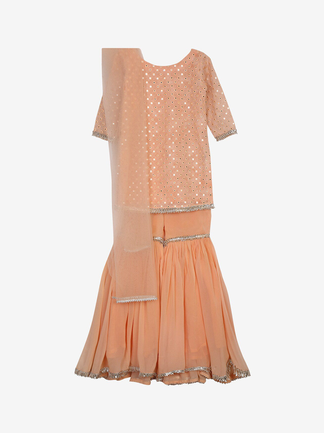 

Little Musketeer Girls Peach-Coloured Layered Mirror Work Silk Georgette Kurti with Pyjamas