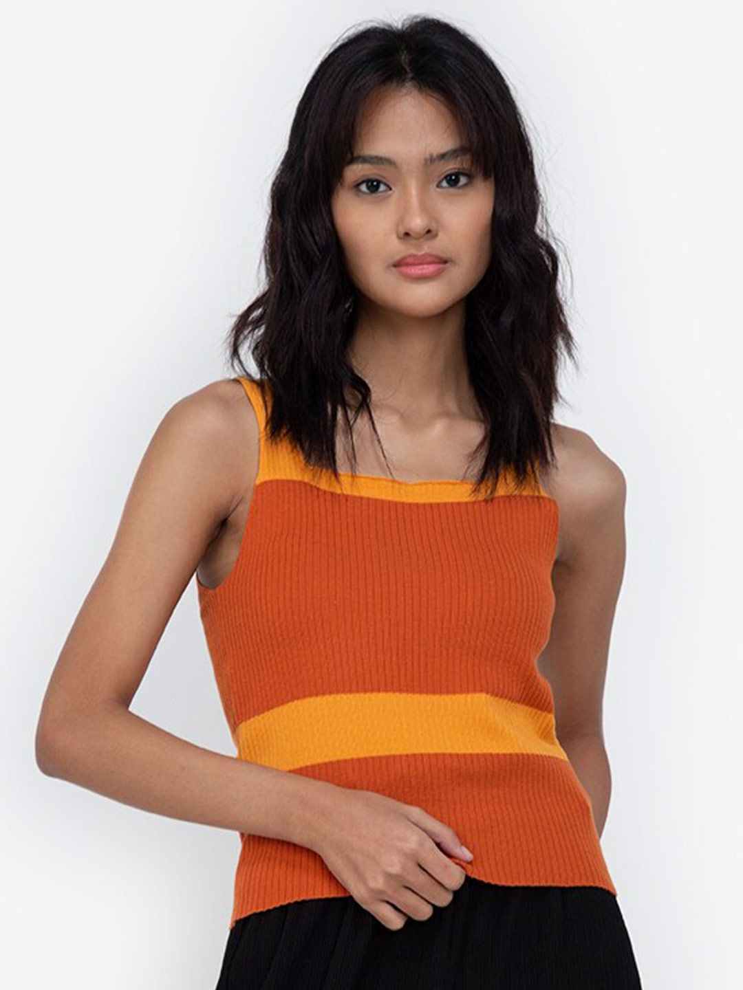 

ZALORA BASICS Rust & Mustard Yellow Colourblocked Panelled Knit Top