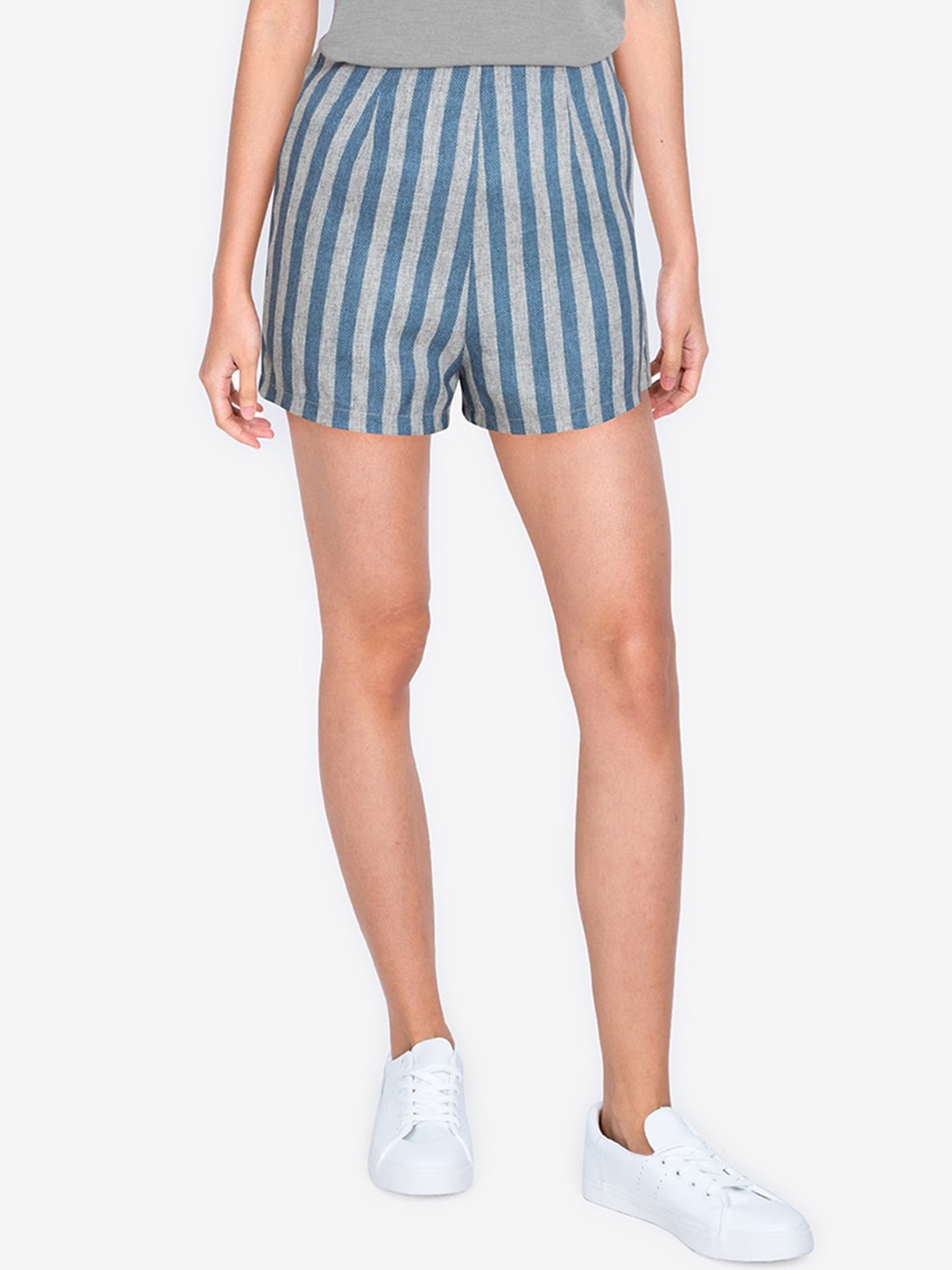 

ZALORA BASICS Women Blue Striped Slim Fit High-Rise Shorts