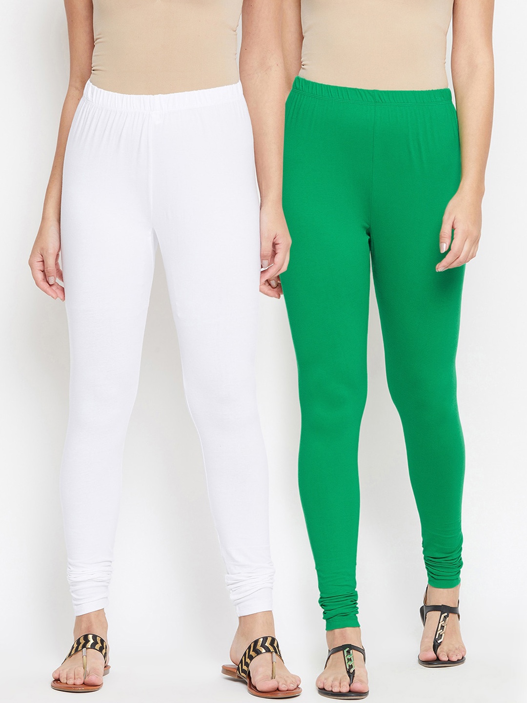 

Bitterlime Women Pack Of 2 Solid Cotton Churidar-Length Leggings, White