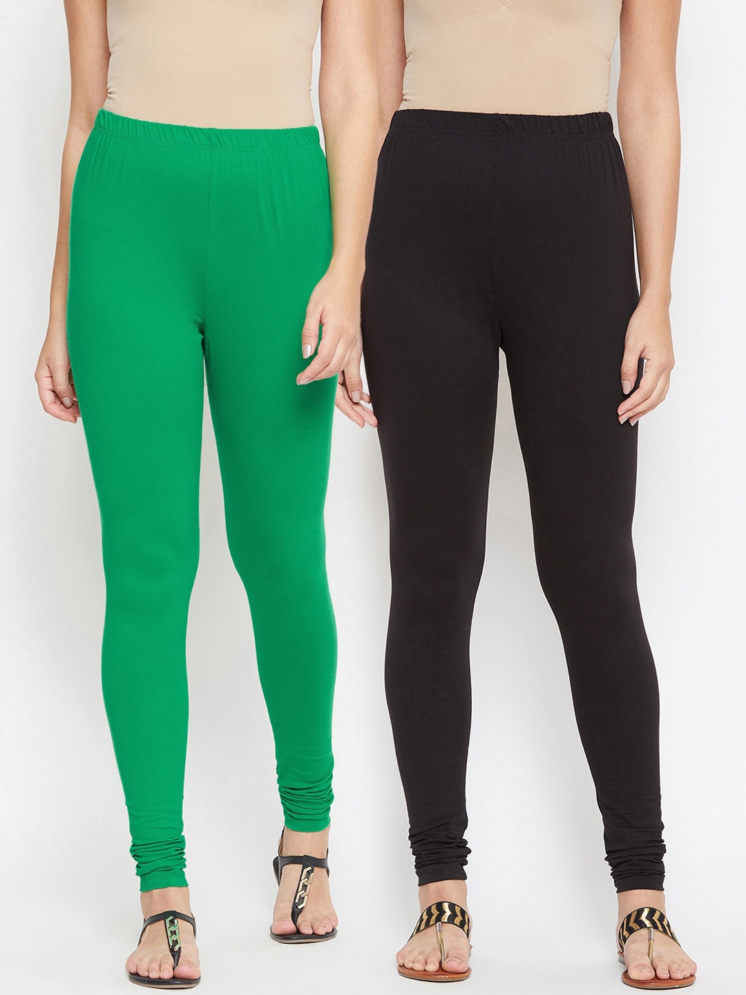 

Bitterlime Women Pack Of 2 Solid Cotton Churidar Length Leggings, Black