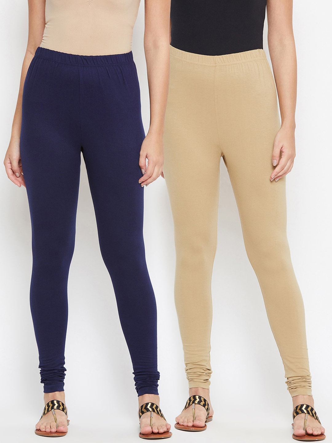 

Bitterlime Women Pack of 2 Navy Blue & Beige Solid Churidar-Length Leggings