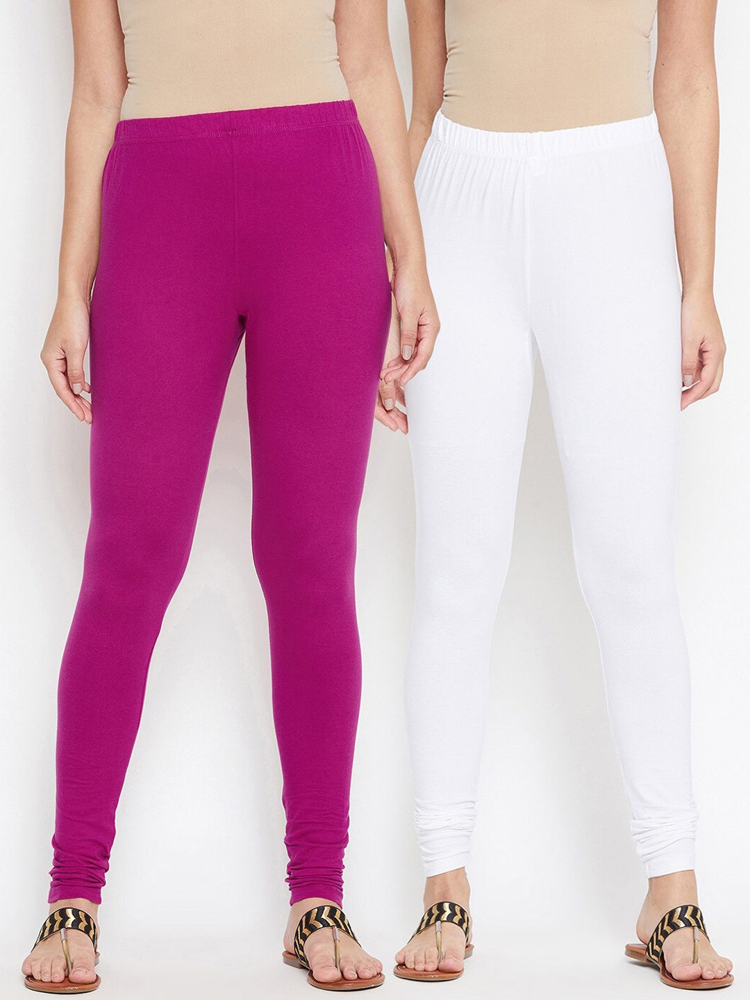 

Bitterlime Women Pack Of 2 White & Magenta Solid Churidar-Length Leggings