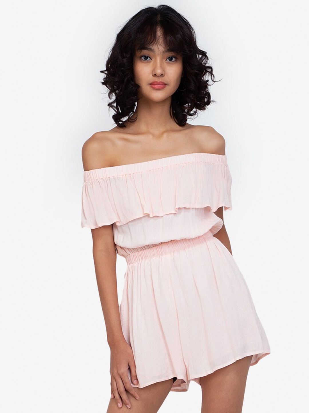 

ZALORA BASICS Women Pink Solid Off Shoulder Pure Cotton Playsuit