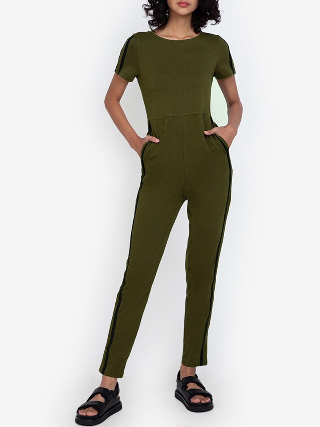 

ZALORA BASICS Green & Black Back Split Jumpsuit