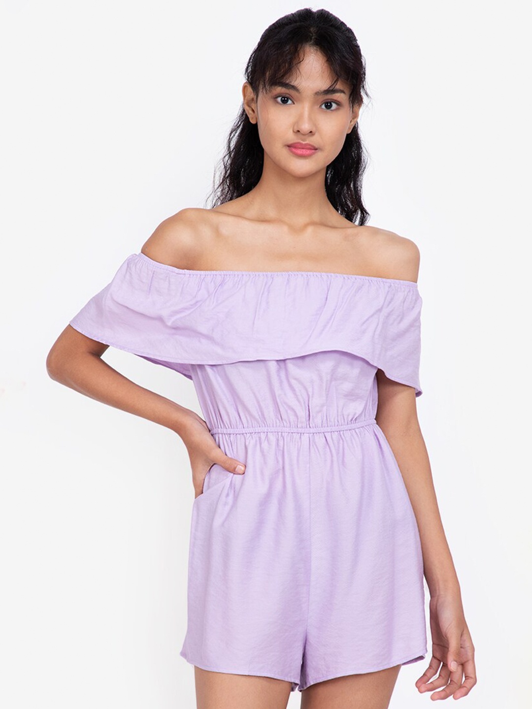 

ZALORA BASICS Purple Off-Shoulder Playsuit