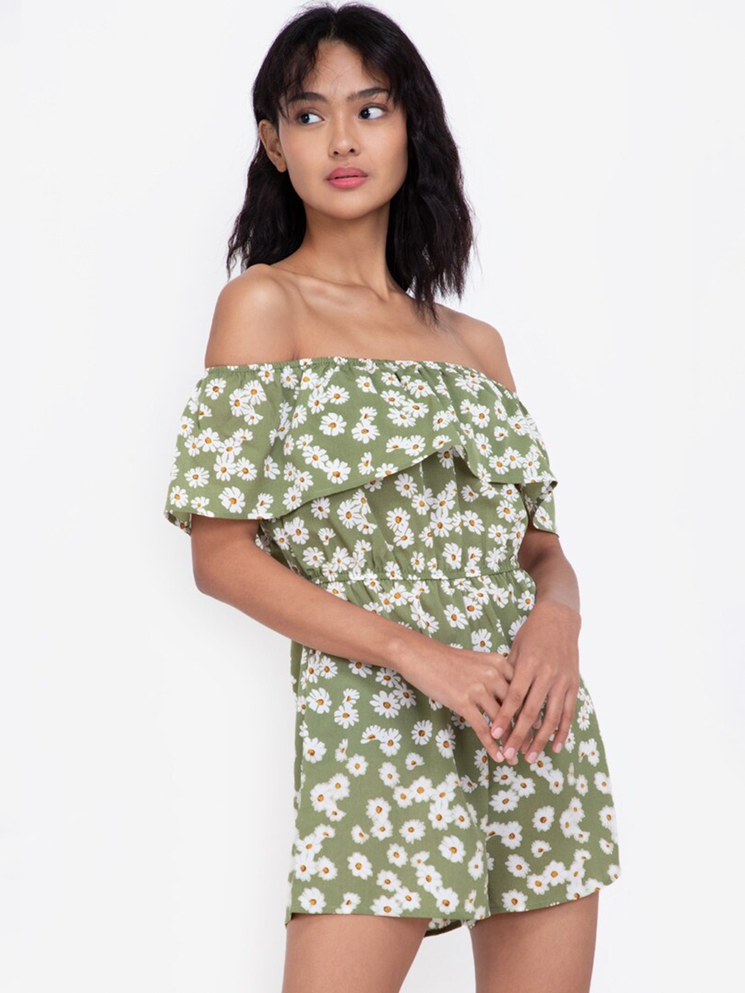 

ZALORA BASICS Green & White Off-Shoulder Printed Jumpsuit