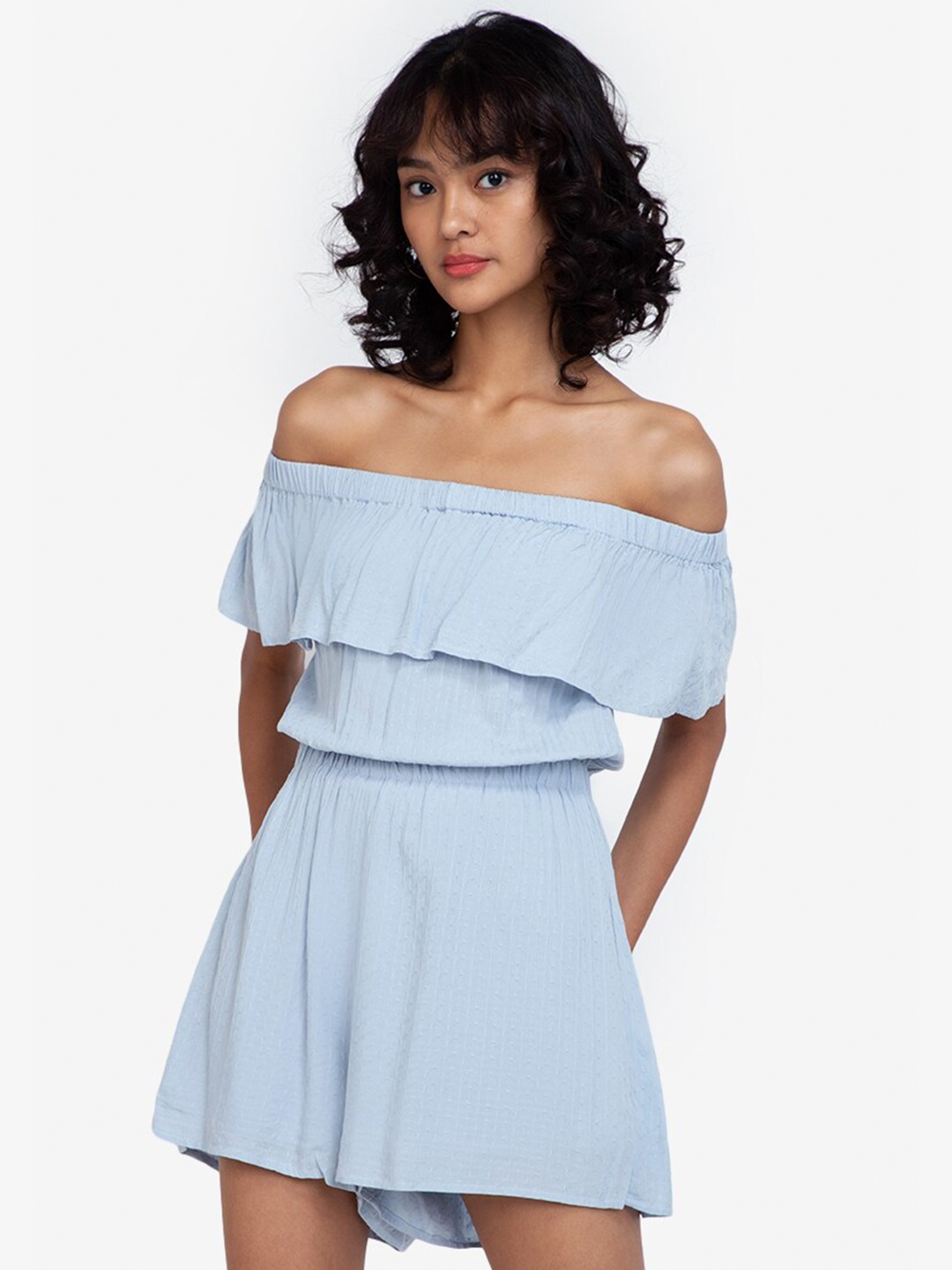 

ZALORA BASICS BASICS Blue Solid Off-Shoulder Playsuit