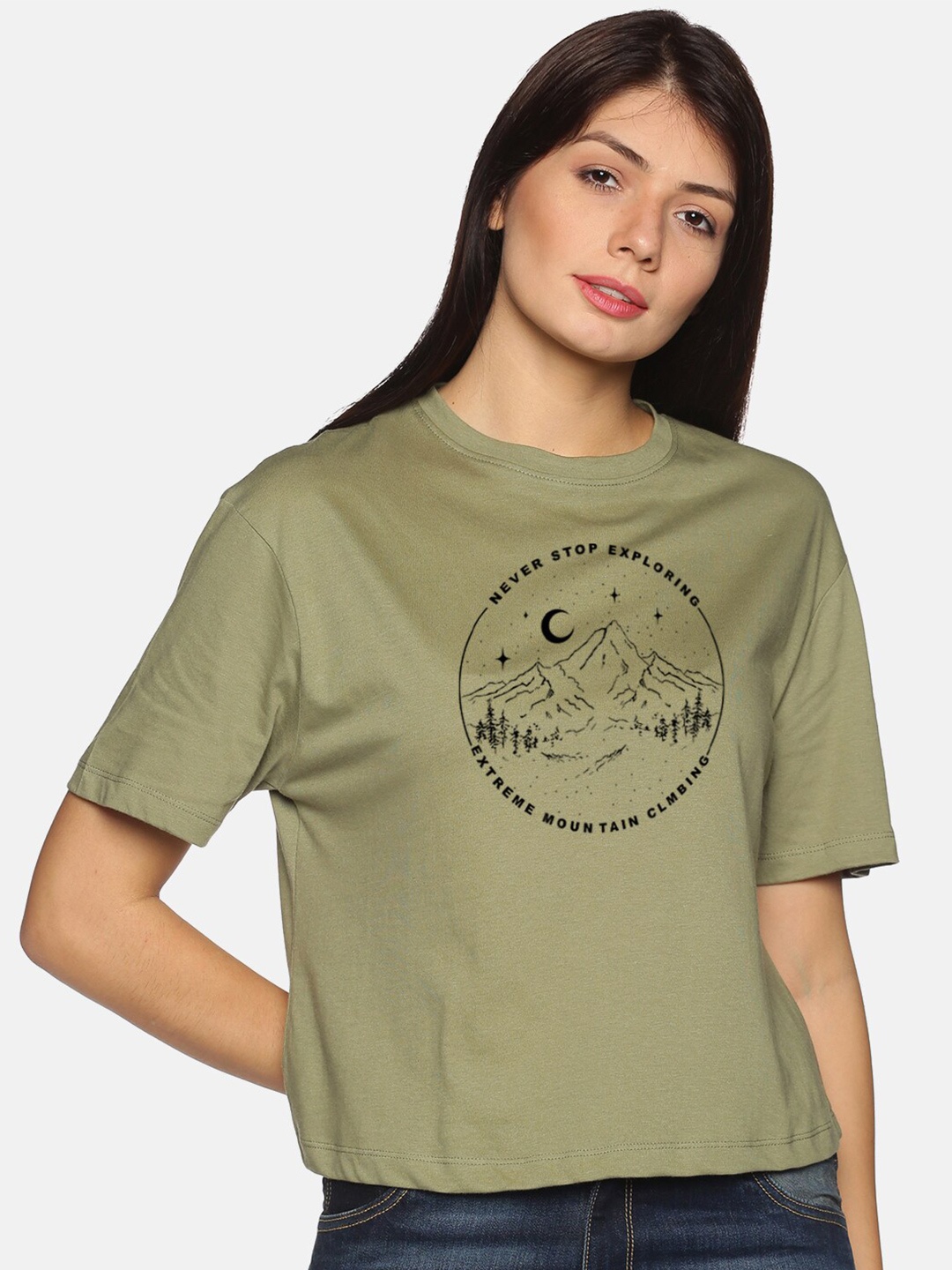 

BEVERLY BLUES Women Olive Green Printed Drop-Shoulder Sleeves Boxy T-shirt
