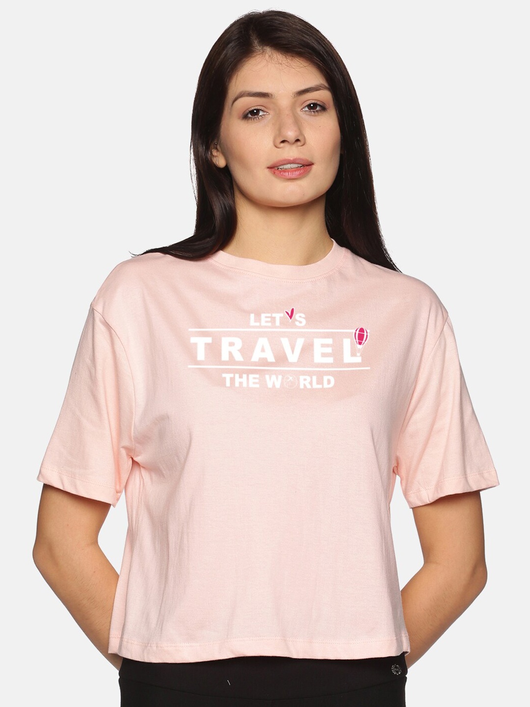 

BEVERLY BLUES Women Pink Typography Printed Drop-Shoulder Sleeves Boxy T-shirt