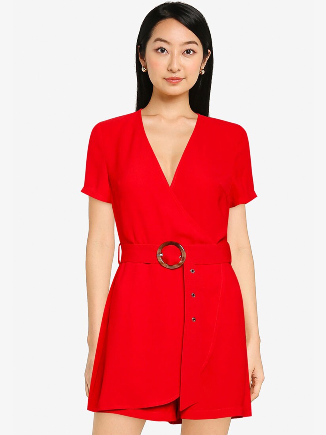 

ZALORA BASICS Red V Neck Wrap Playsuit With Belt