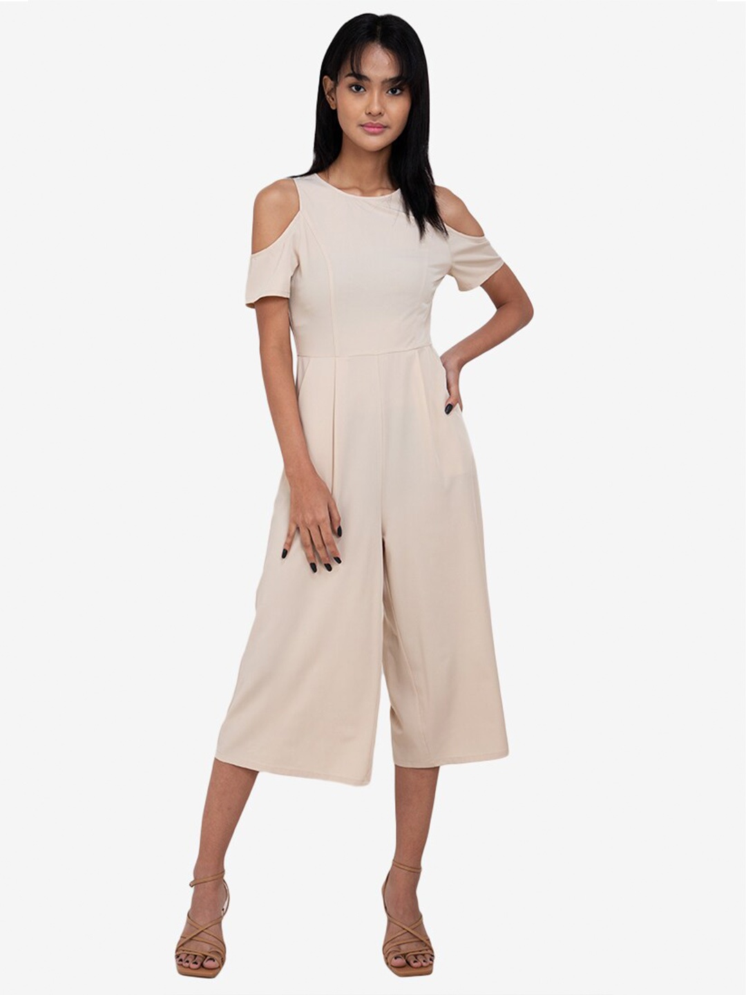 

ZALORA BASICS Women Beige Solid Culotte Jumpsuit