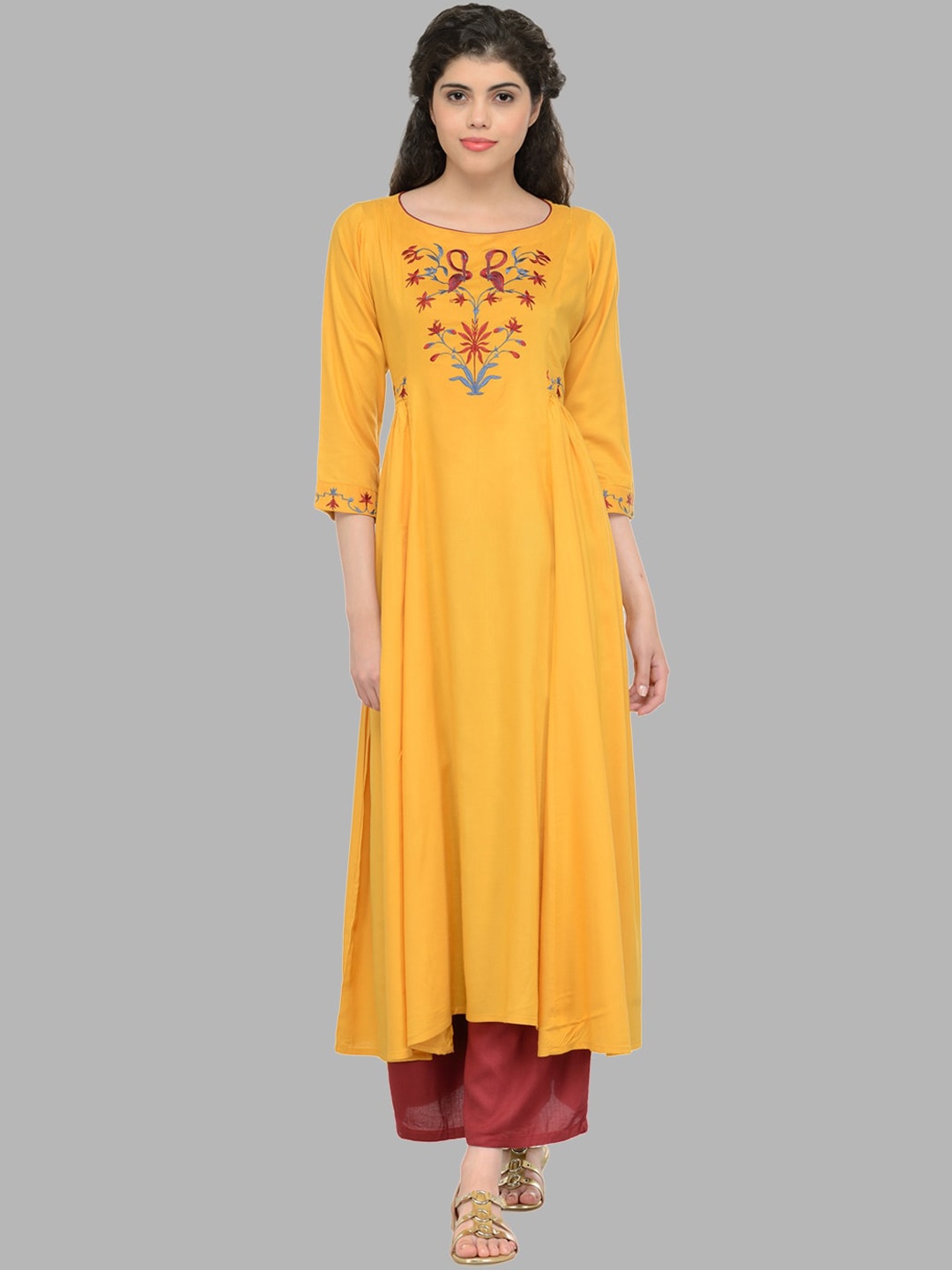 

Bitterlime Women Mustard Yellow & Red Floral Yoke Design Thread Work Anarkali Kurta