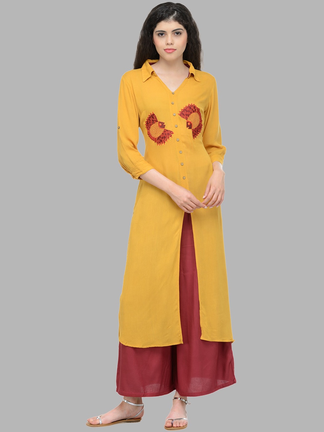 

Bitterlime Women Mustard Yellow & Red Floral Yoke Design Thread Work Crepe Kurta