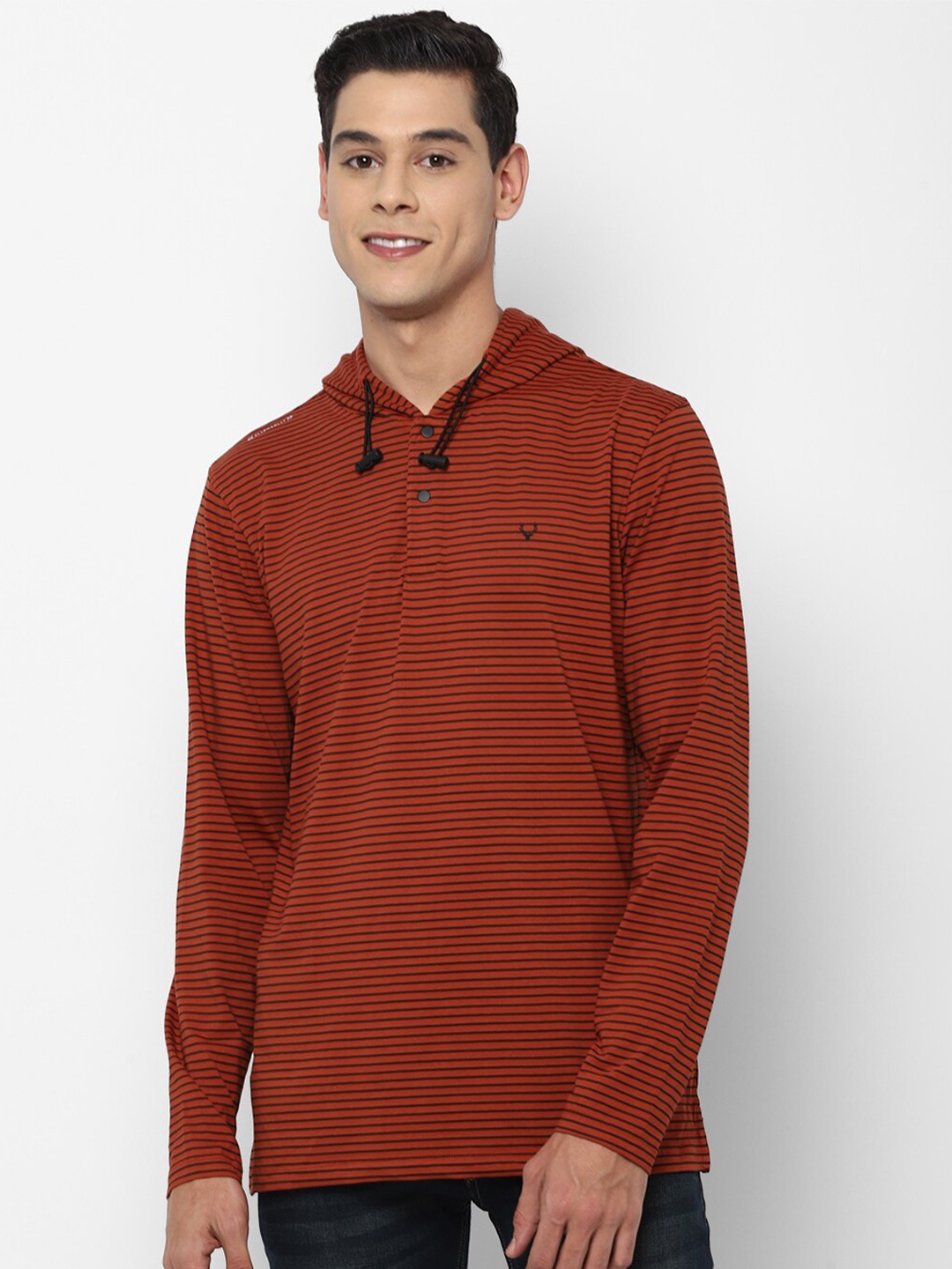 

Allen Solly Men Maroon & Black Striped Hooded T-shirt