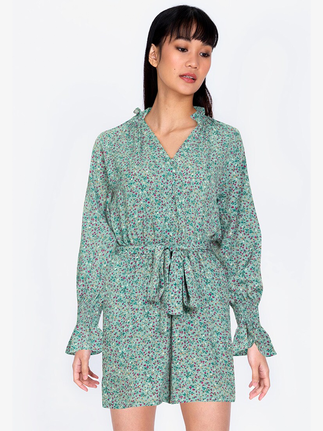 

ZALORA BASICS Green & Pink Floral Printed Playsuit