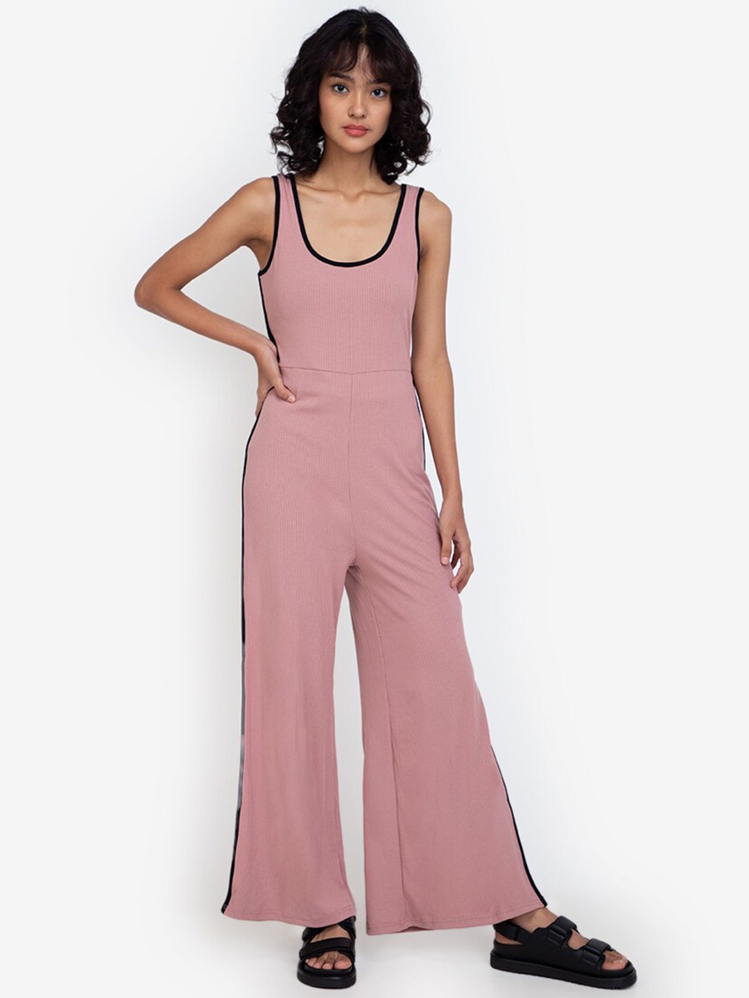 

ZALORA BASICS Pink & Black Rib Tank Basic Jumpsuit