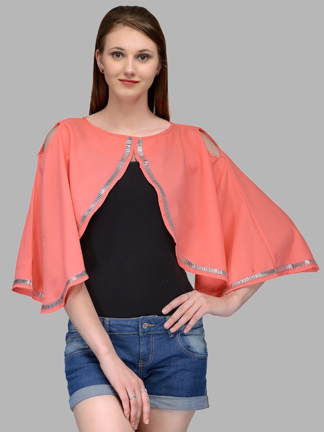 

Bitterlime Peach-Coloured Georgette Cape Top