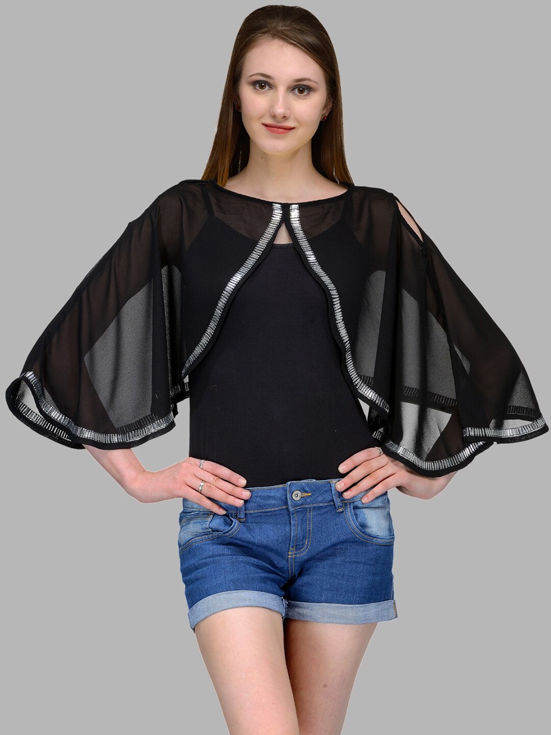 

Bitterlime Women Black Georgette Cape Top