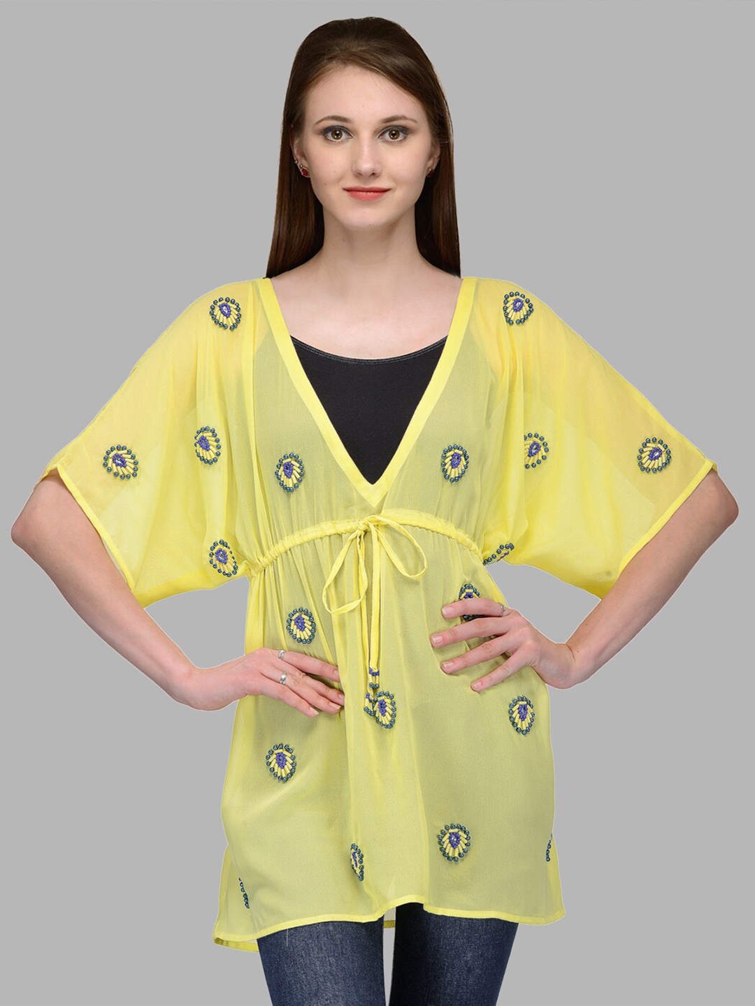Bitterlime Yellow Floral Print Georgette Empire Longline Top