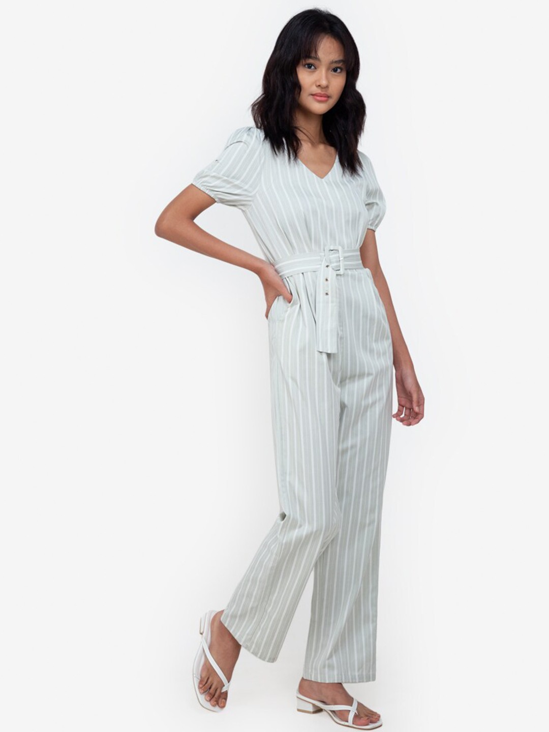 

ZALORA BASICS Grey & White Striped Basic Jumpsuit