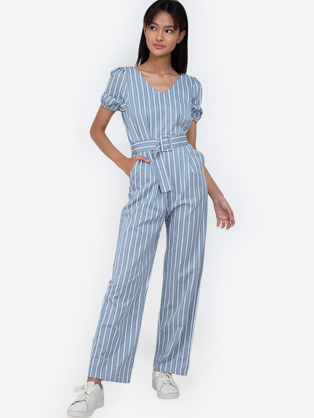 

ZALORA BASICS Grey & White Striped Basic Jumpsuit