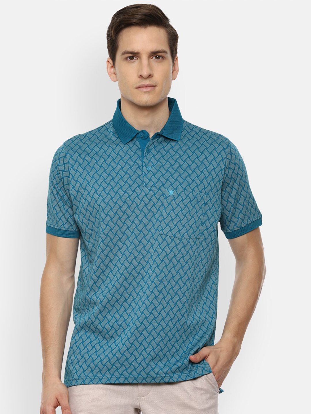 

Louis Philippe Men Blue Printed Polo Collar Cotton T-shirt