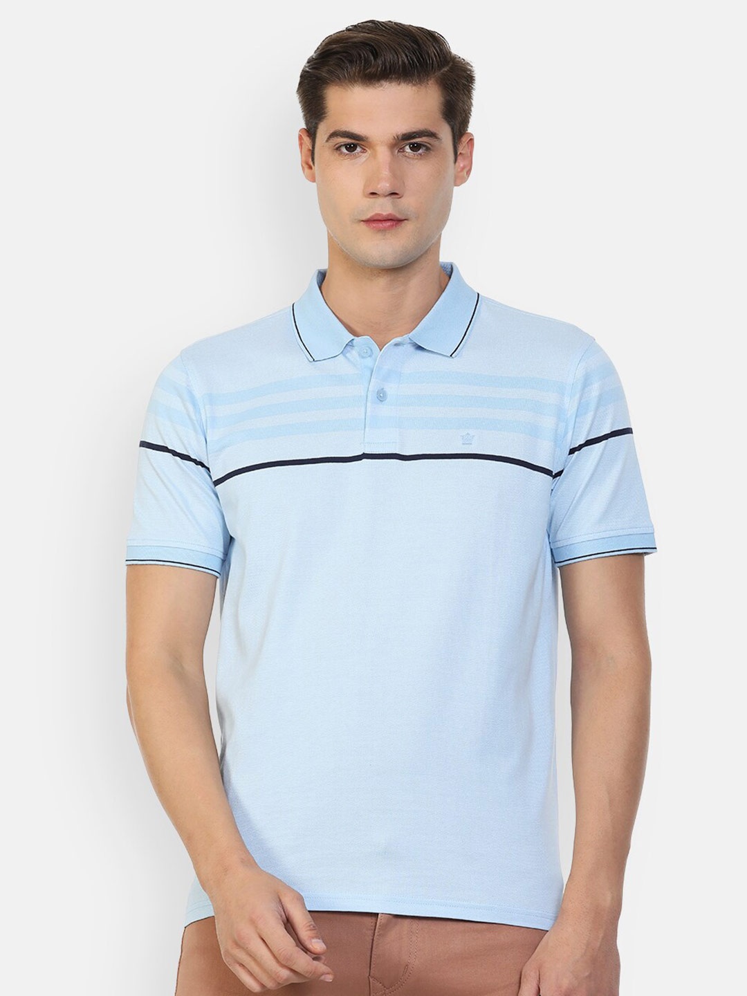 

Louis Philippe Men Blue Striped Polo Collar T-shirt