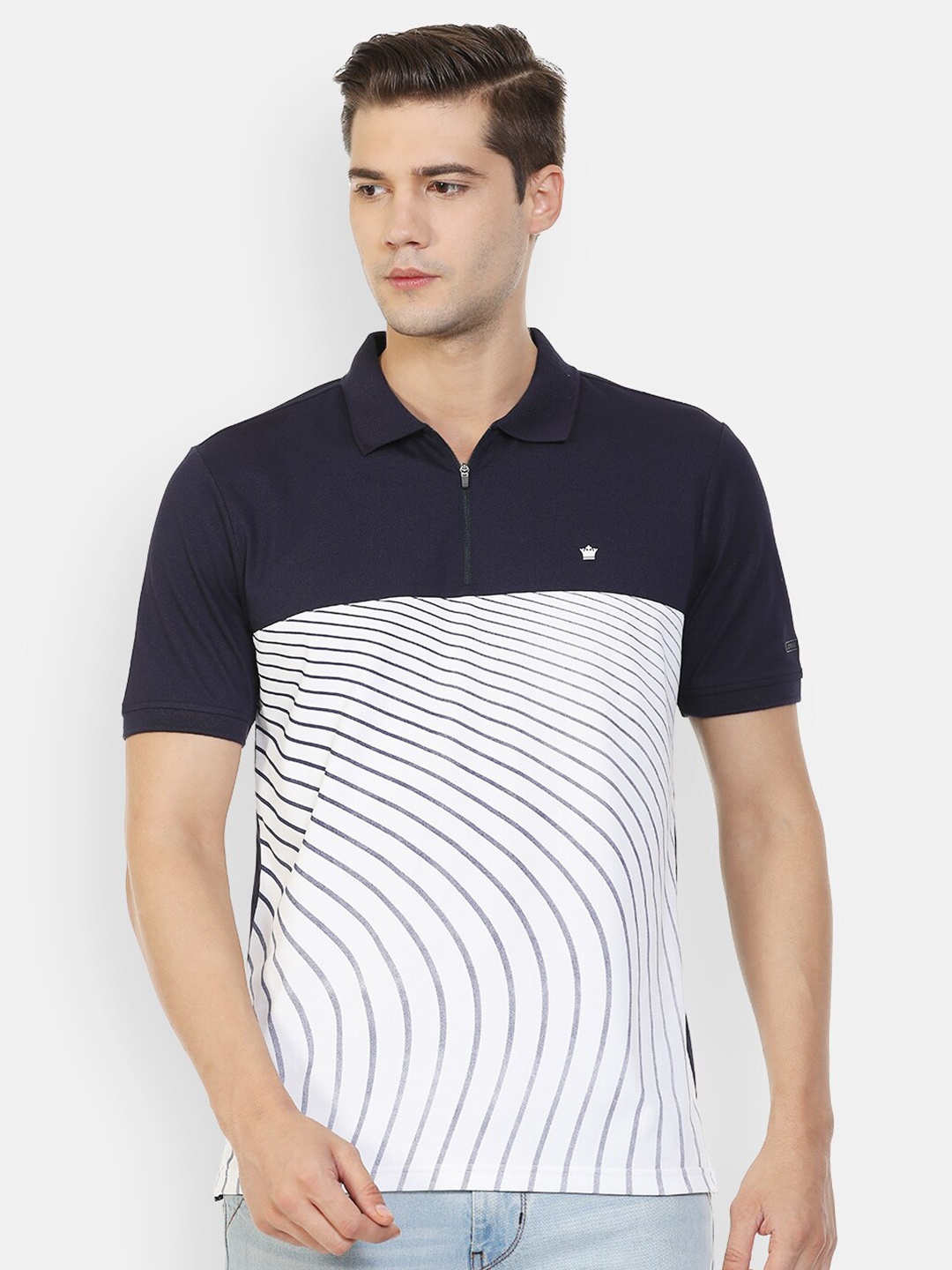 

Louis Philippe Men Navy Blue Striped Polo Collar Pockets T-shirt