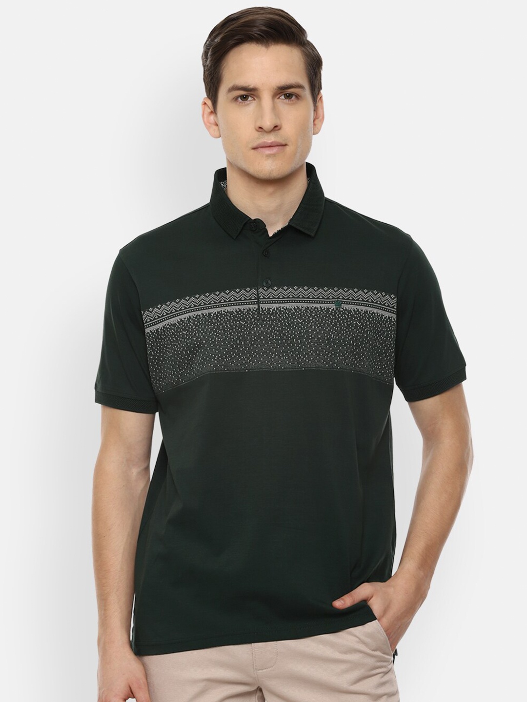 

Louis Philippe Men Green Printed Polo Collar Pockets T-shirt