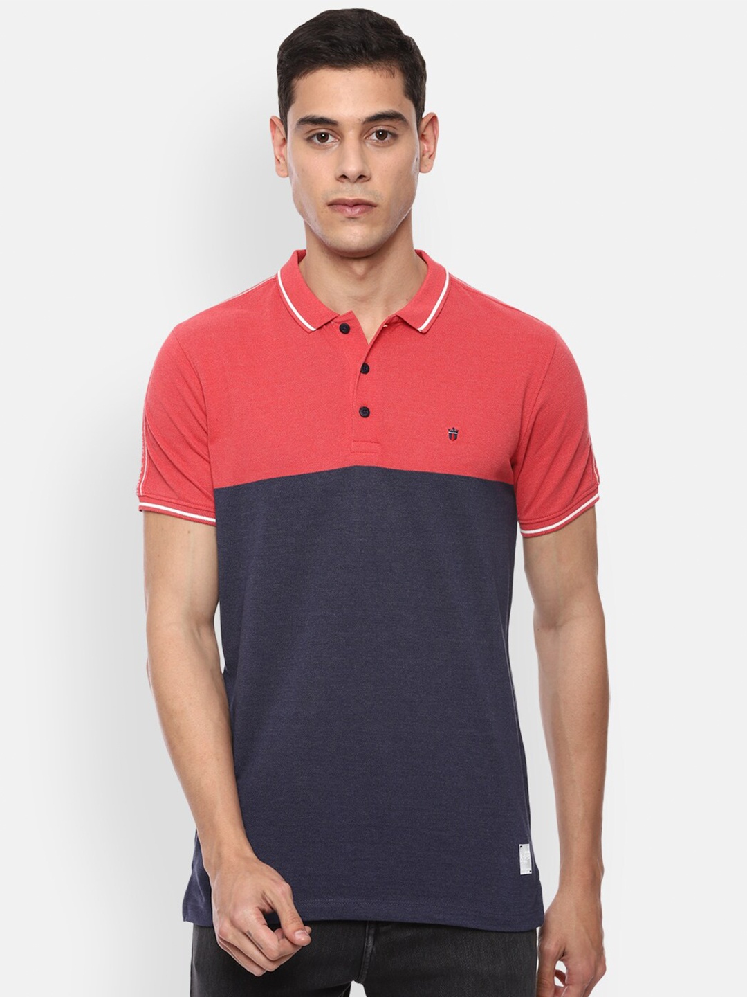 

Louis Philippe Jeans Men Navy Blue & Pink Colourblocked Polo Collar Slim Fit T-shirt