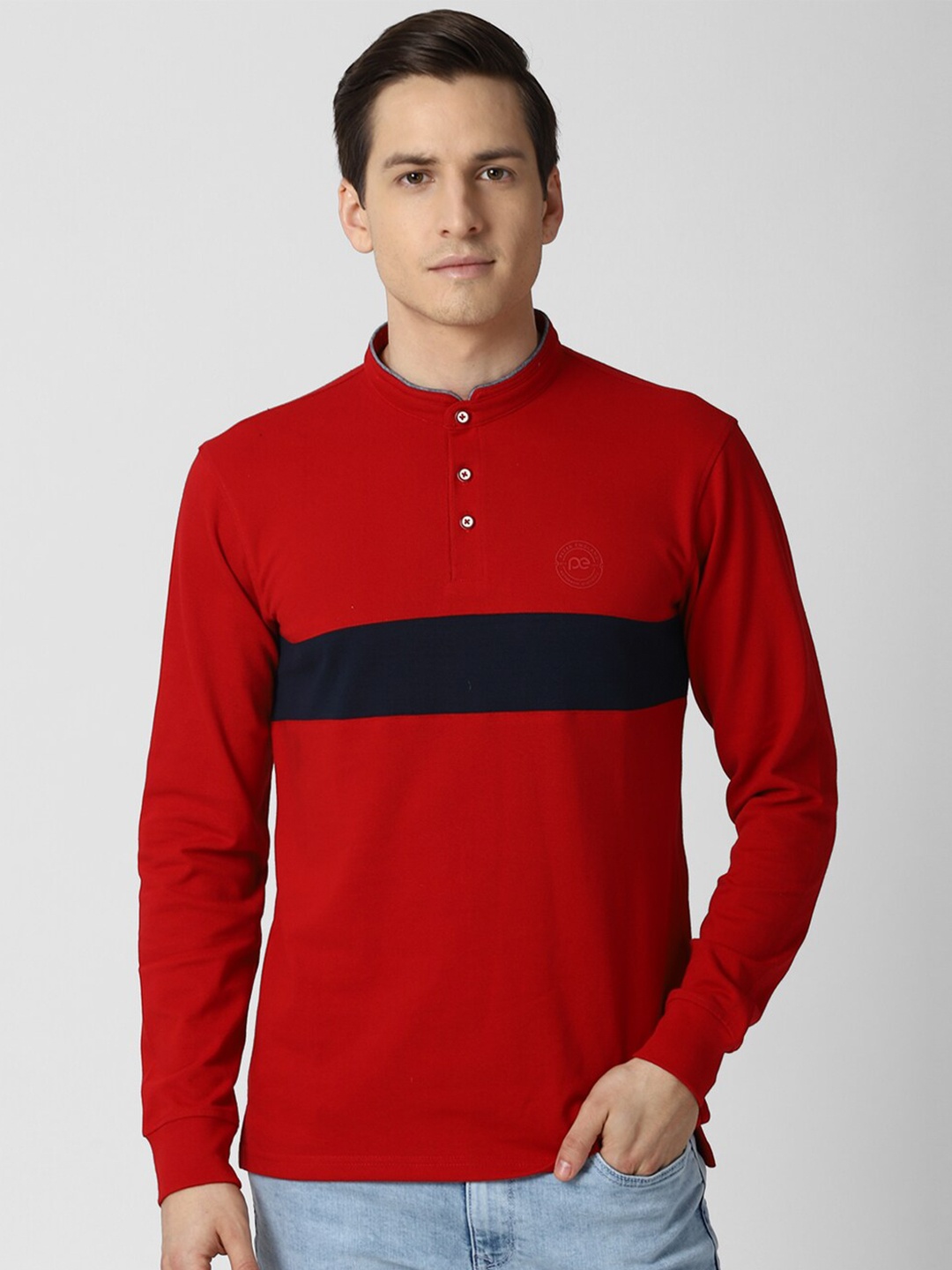 

Peter England Casuals Men Red Colourblocked Mandarin Collar Slim Fit T-shirt