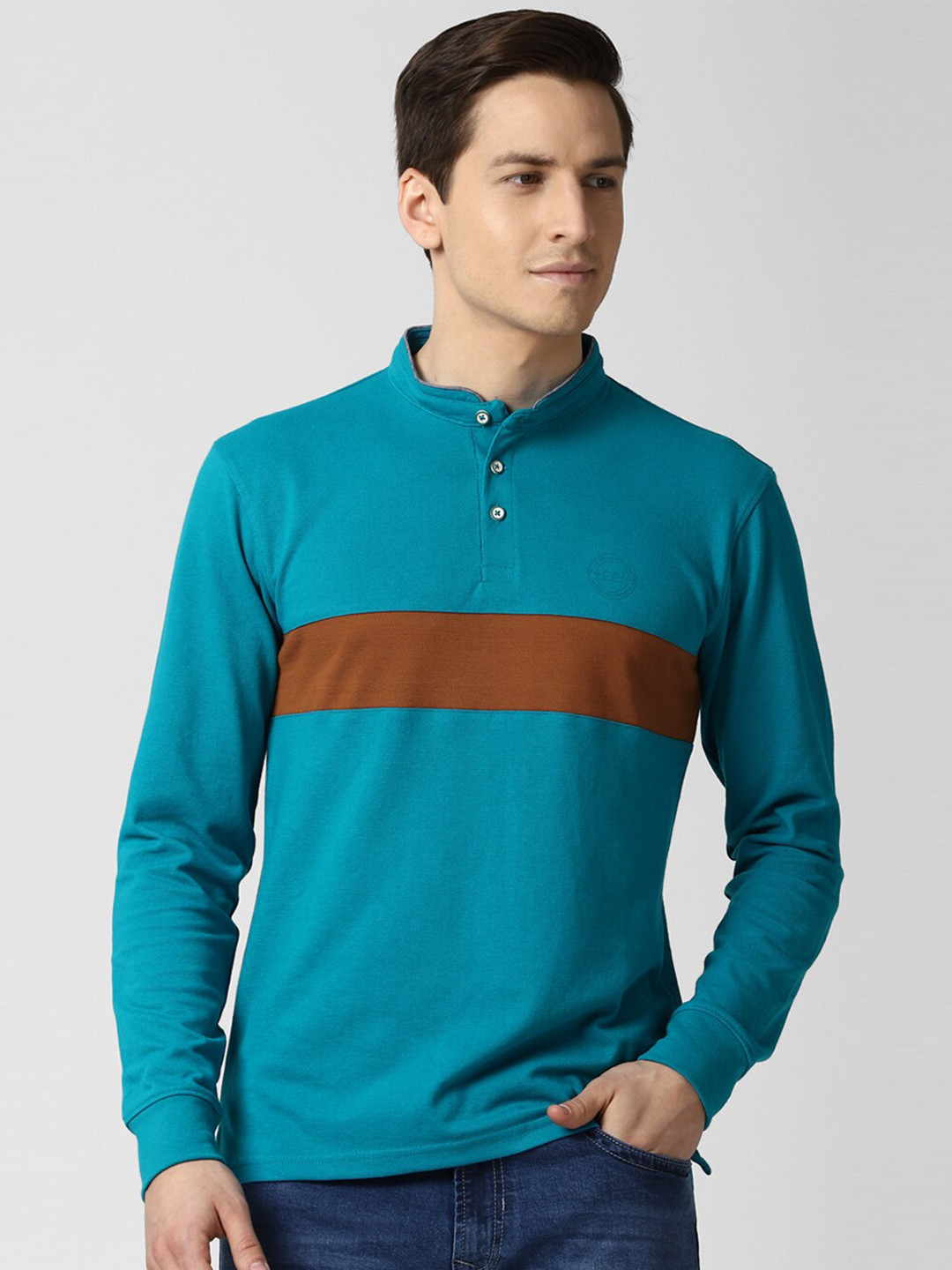 

Peter England Casuals Men Blue Striped Mandarin Collar Applique Slim Fit T-shirt