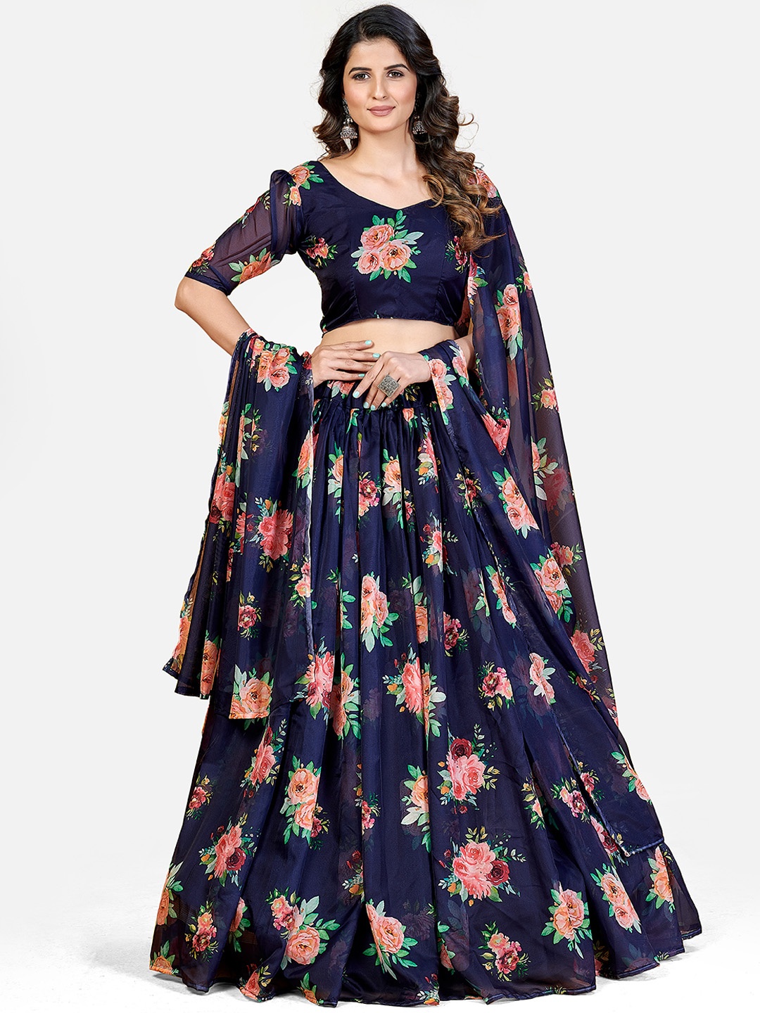 

SHOPGARB Blue & Red Printed Semi-Stitched Lehenga & Unstitched Blouse With Dupatta