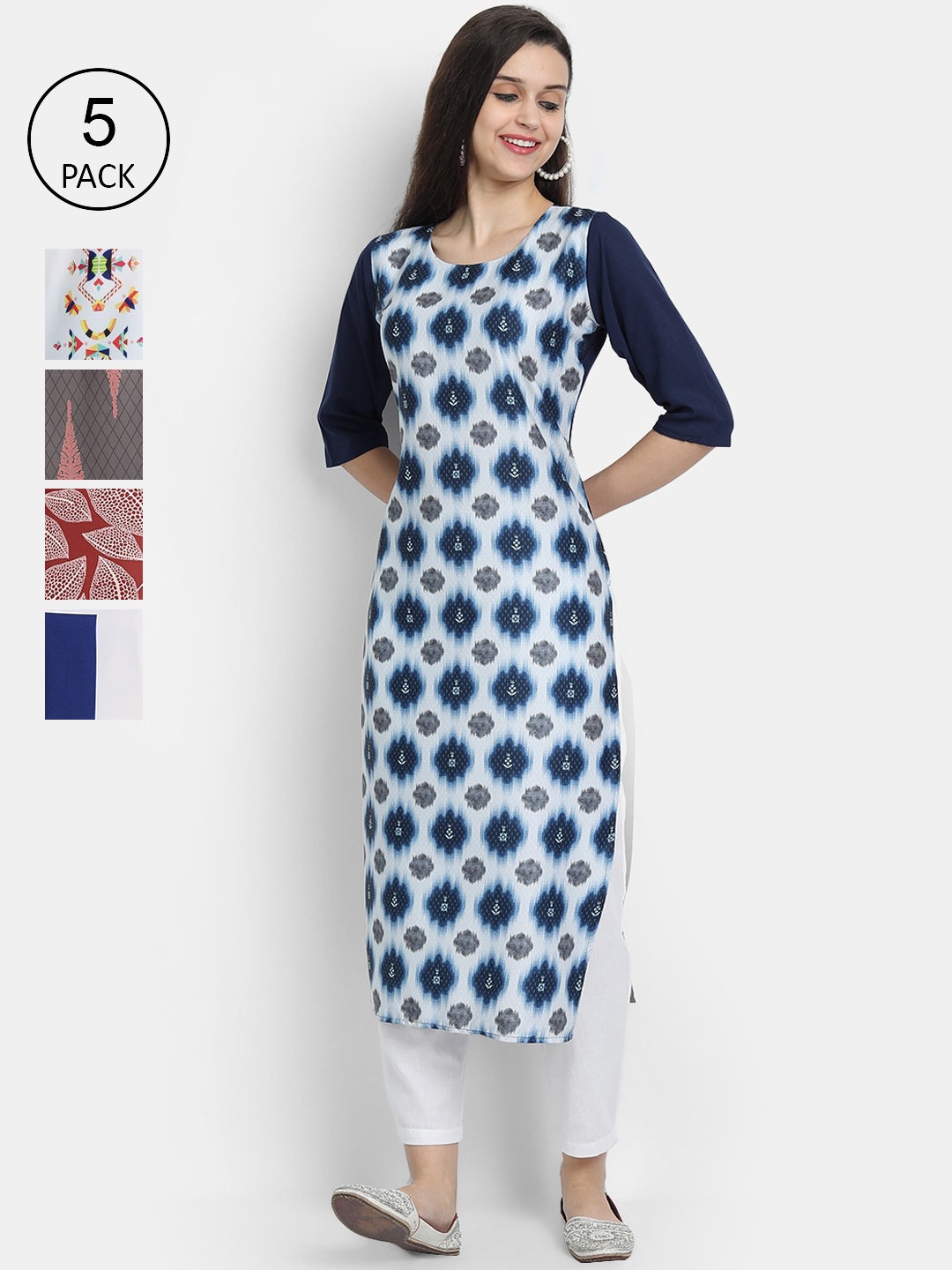 

7Threads Women Pack Of 5 Printed Crepe Kurtas, Blue