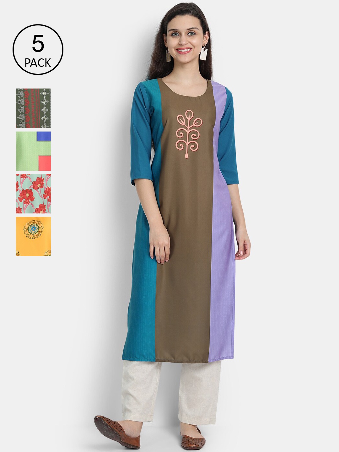 

7Threads Women Pack Of 5 Green & Red Floral Printed Crepe Kurta