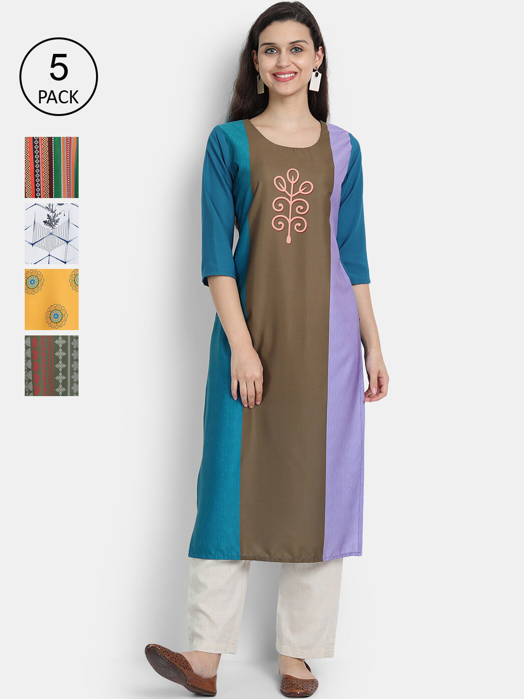 

7Threads Women Multicoloured Set of 5 Printed Crepe Kurta, Multi