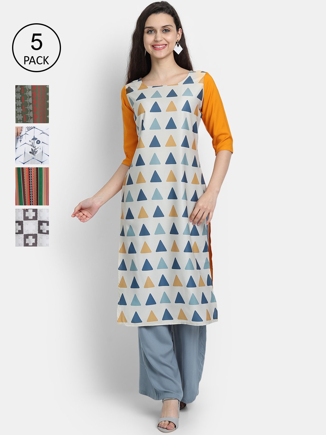 

7Threads Woman Pack of 5 Multicoloured Ethnic Motifs Printed Crepe Kurta, Multi