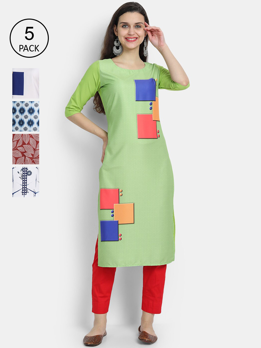 

7Threads Women Pack Of 5 Printed Crepe Kurtas, Green
