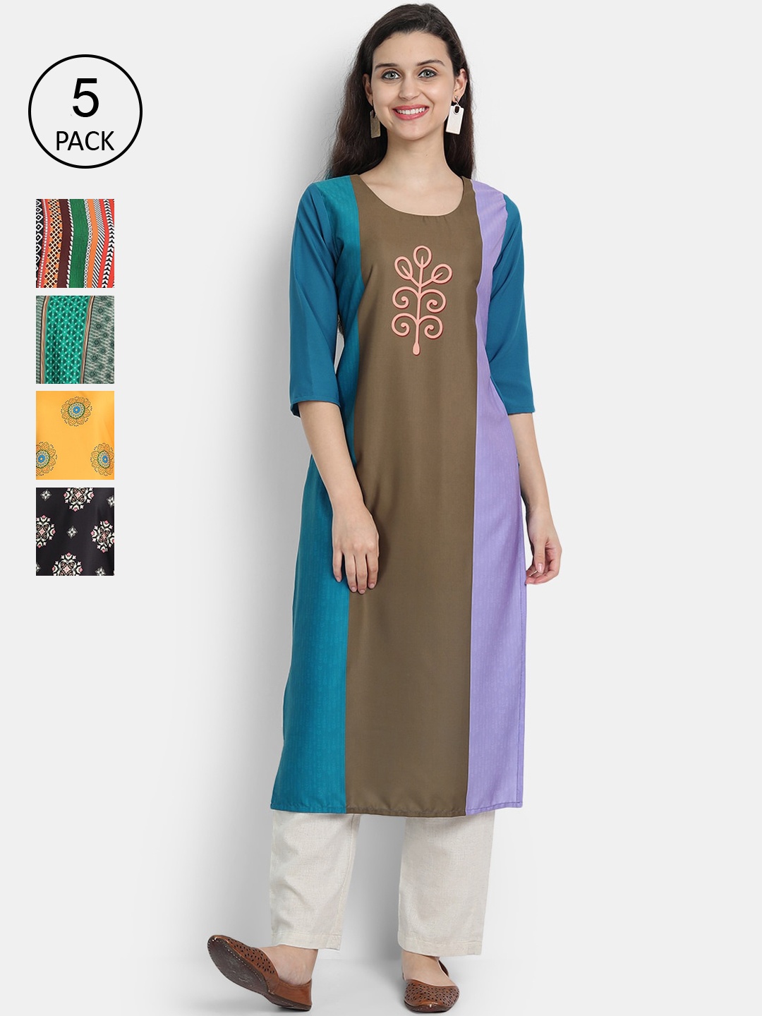 

7Threads Women Set of 5 Ethnic Motifs Printed Crepe Kurta, Multi