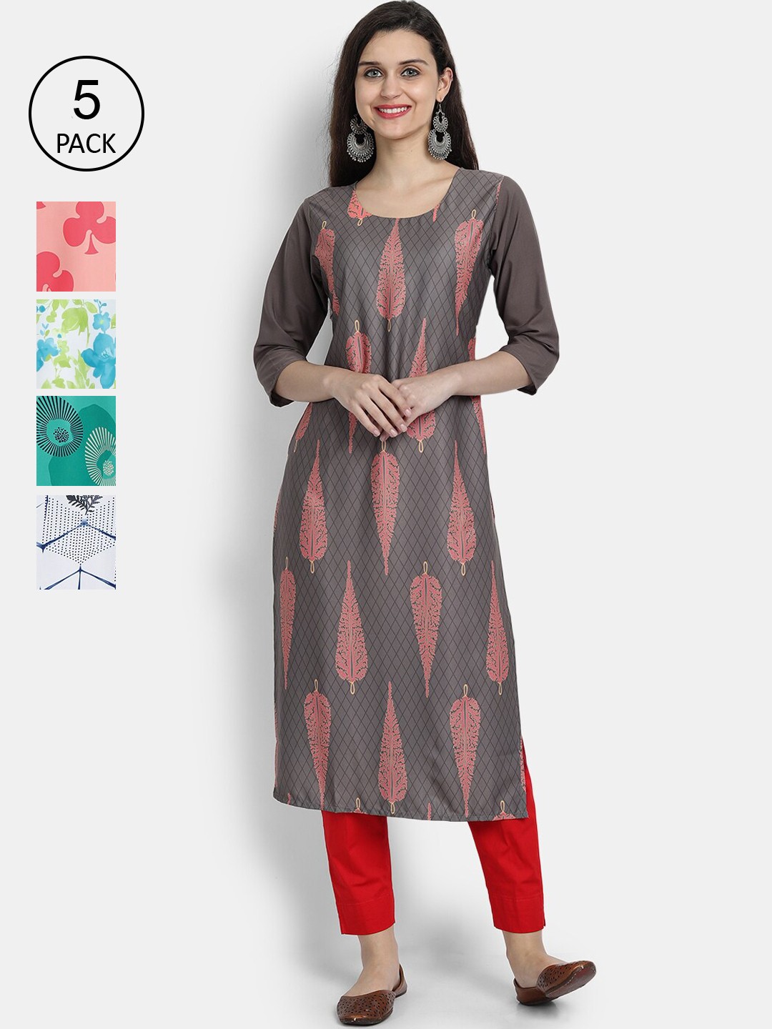 

7Threads Women Pack Of 5 Printed Crepe Kurtas, Grey