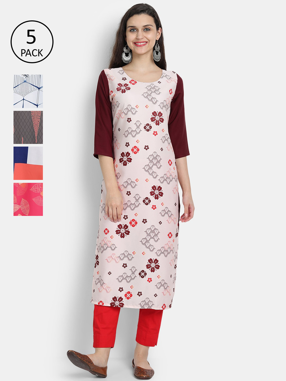 

7Threads Pack of 5 Women Printed Crepe Kurta, Multi