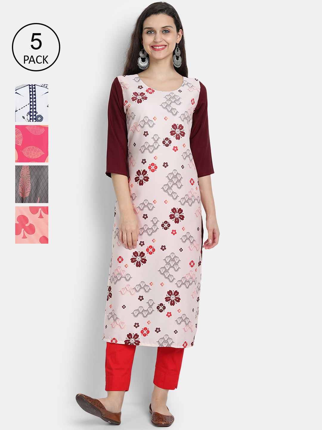 

7Threads Women Pack Of 5 Printed Crepe Kurta, Pink