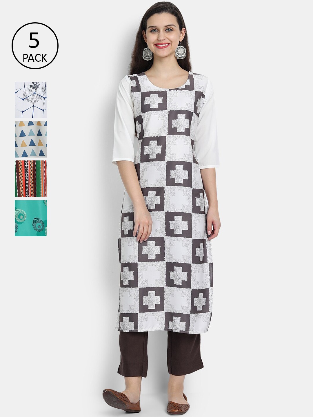 

7Threads Women Pack Of 5 White & Green Ethnic Motifs Printed Crepe Kurta